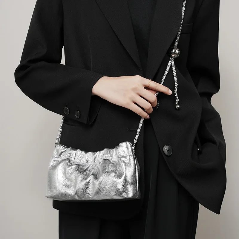 2025 New Fashion High-End Top-Handle Bag for Women, Leather Shoulder Bag with Adjustable Chain and Cloud-Like Ruched Design