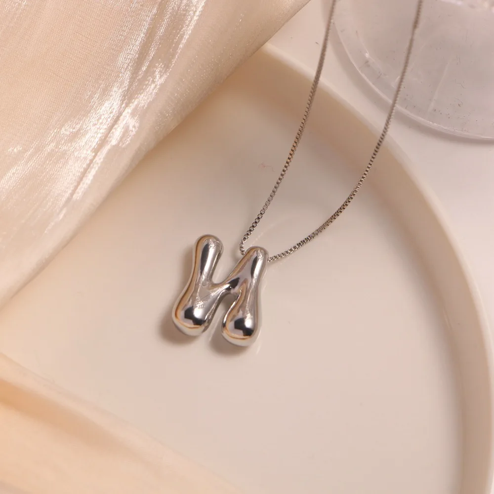 Stainless Steel Chubby Initial Alphabet Balloon Bubble Letter Box Chain Necklace Glossy PVD Waterproof Chic Jewelry Choker Gift