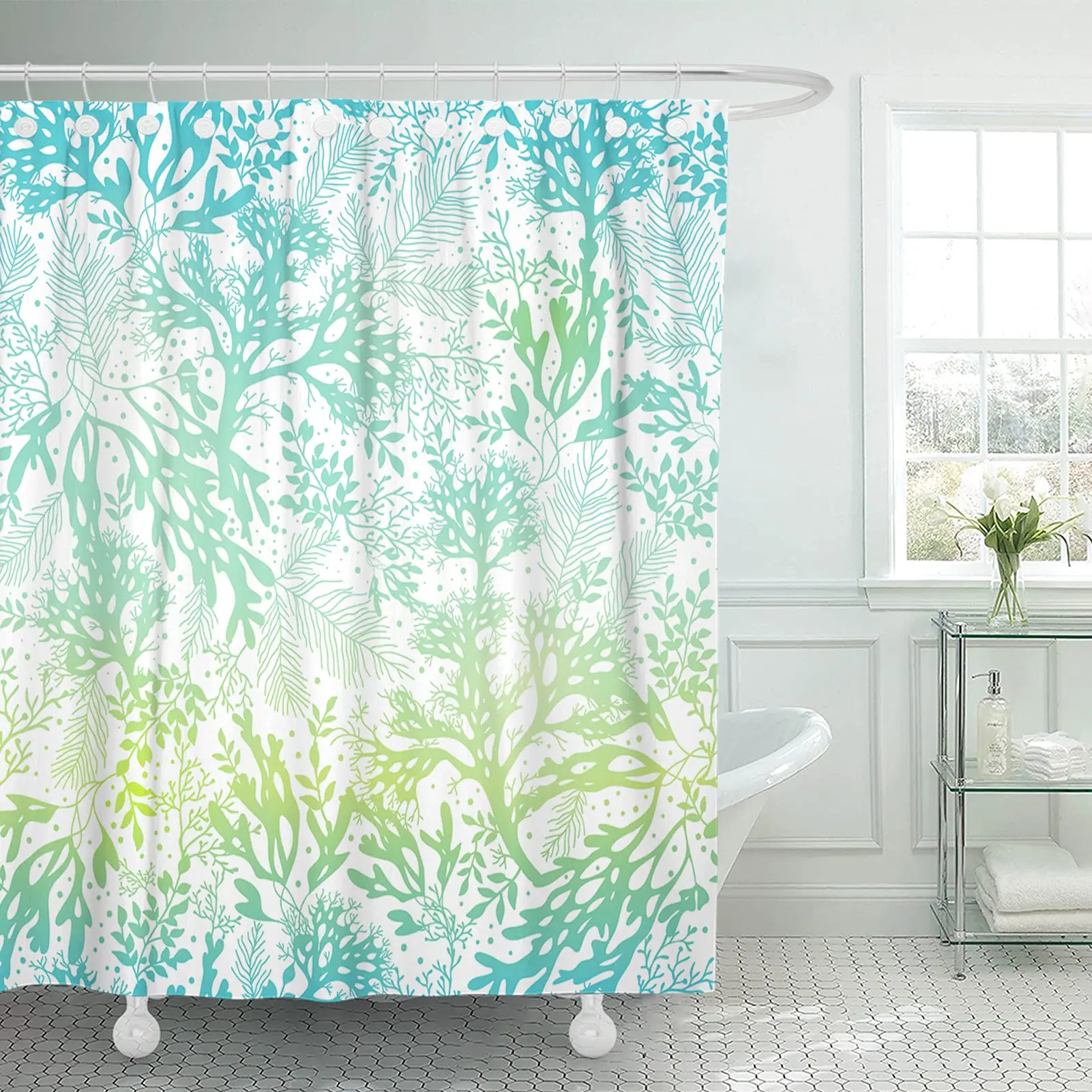 Nautical Coastal Shower Curtain,Beach Ocean Theme Shower Curtain for Bathroom Decor,Summer Tropical Coral Bath Curtain with Hook
