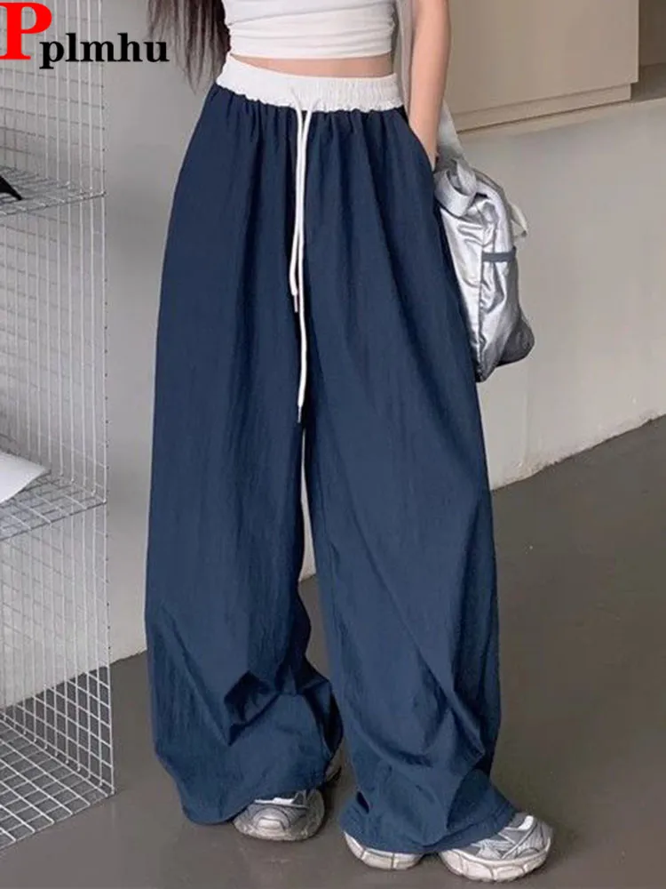 

Летние тонкие свободные прямые брюки женские шикарные повседневные эластичные спортивные штаны с высокой талией и широкими штанинами корейские модные брюки на шнуровке новые