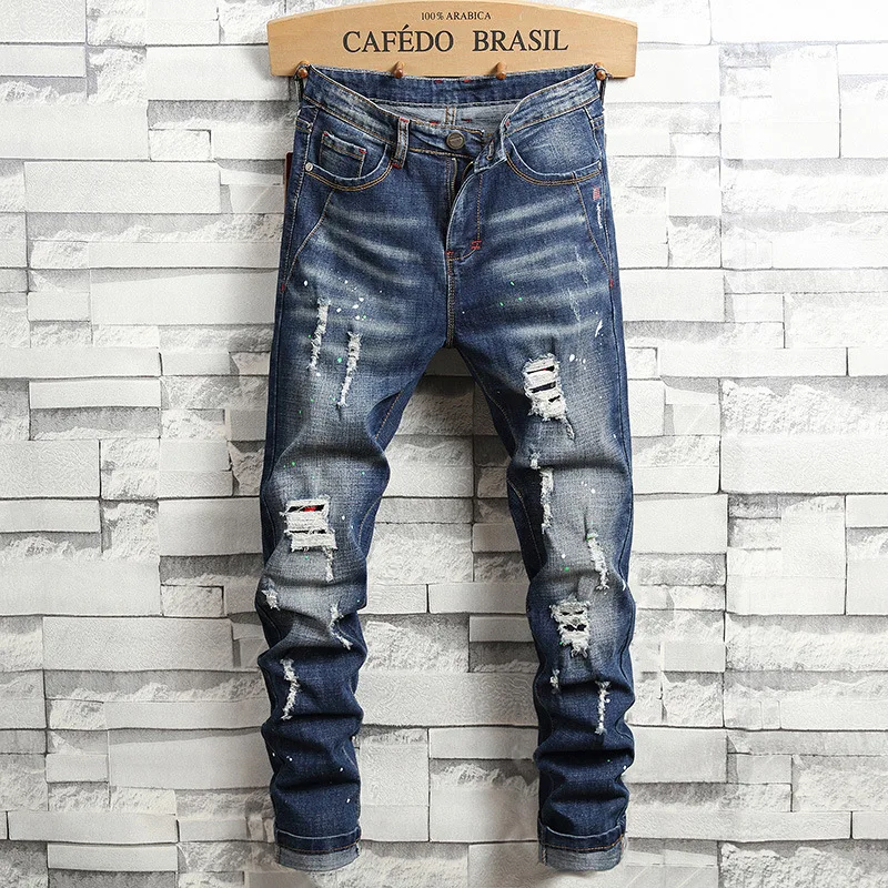 

New Spring Men Holes Blue Denim Jeans High Street Style Ripped Denim Long Jeans Pants Male Slim Straight Denim Trousers Size 38
