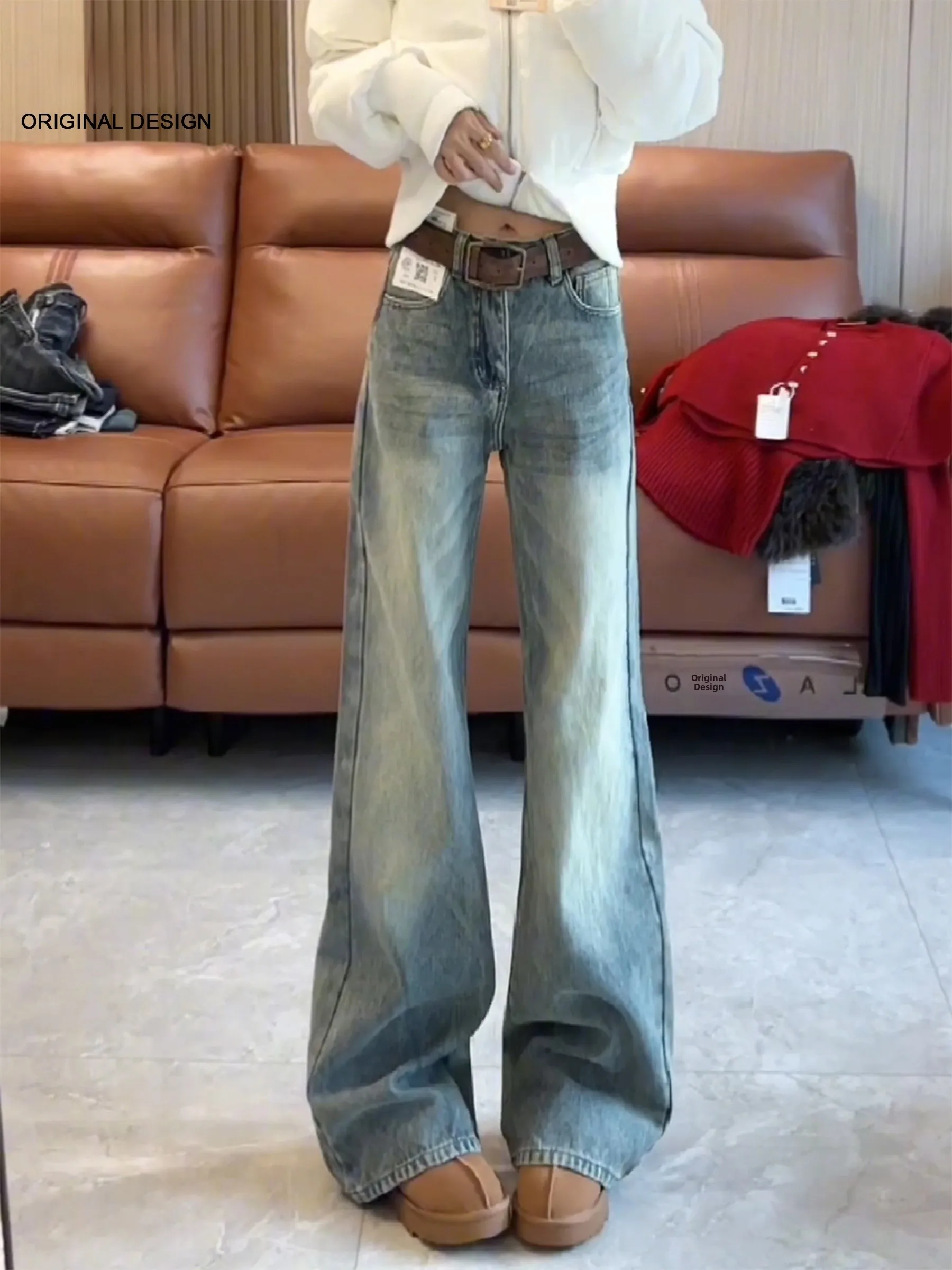 

American Style Low Waist Bell Bottom Jeans Women's Winter Loose Thickened Fleece Straight Leg Pants Casual Slim Fit Jeans