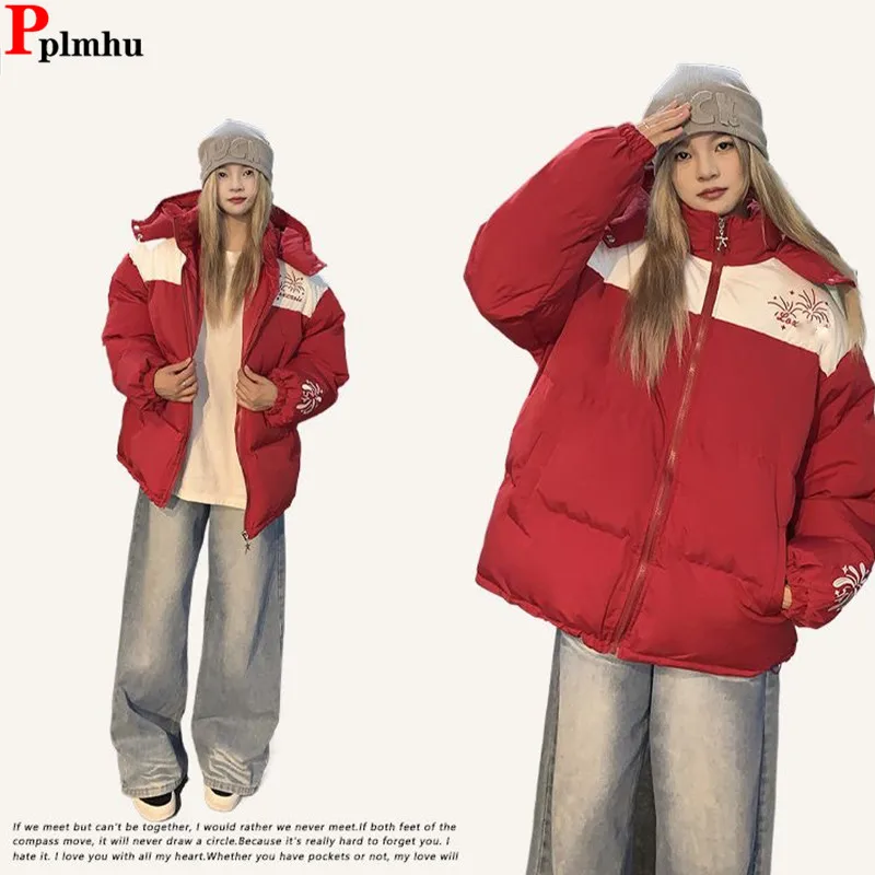 Letter Print Red Hooded Cotton Coats Tops Winter Warm Thicken Korea Fashion Loose Parkas Casaco Snow Wear Women Chaqueta Abrigo