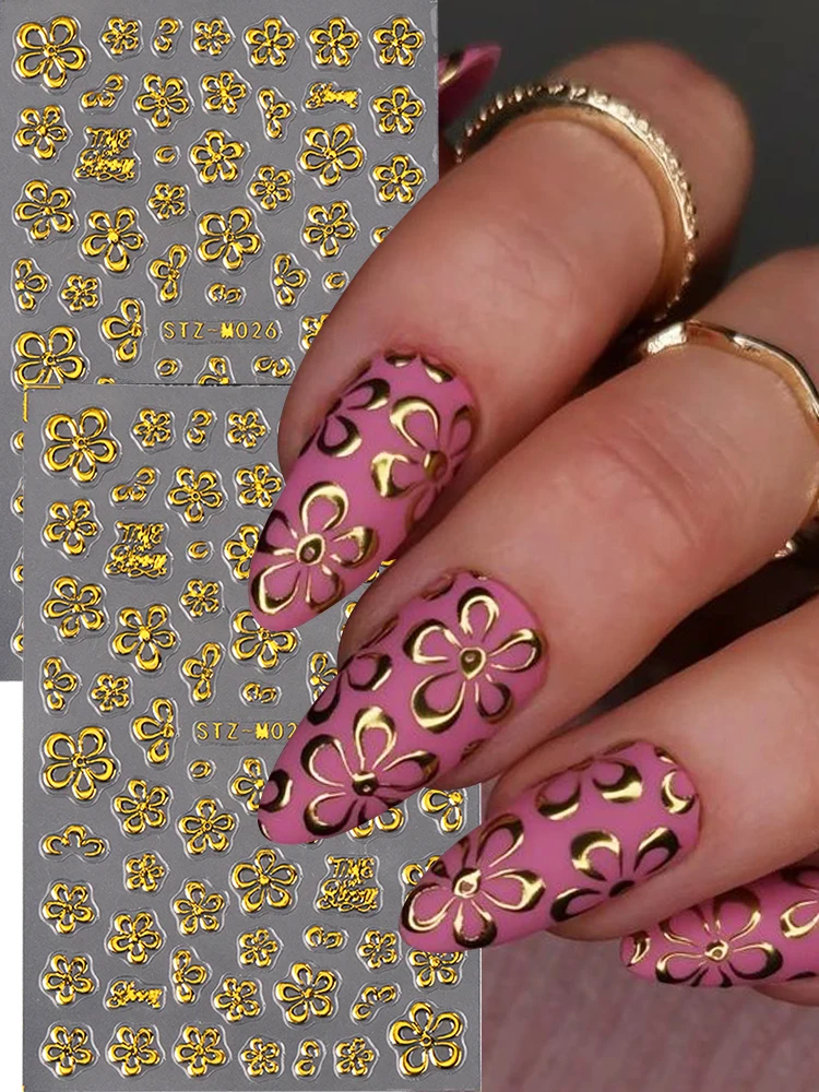 2 stuks gouden bloempatroon bloem nail art sticker licht luxe stijl ontwerp lente zelfklevende diy sticker manicure accessoires - afbeelding 2