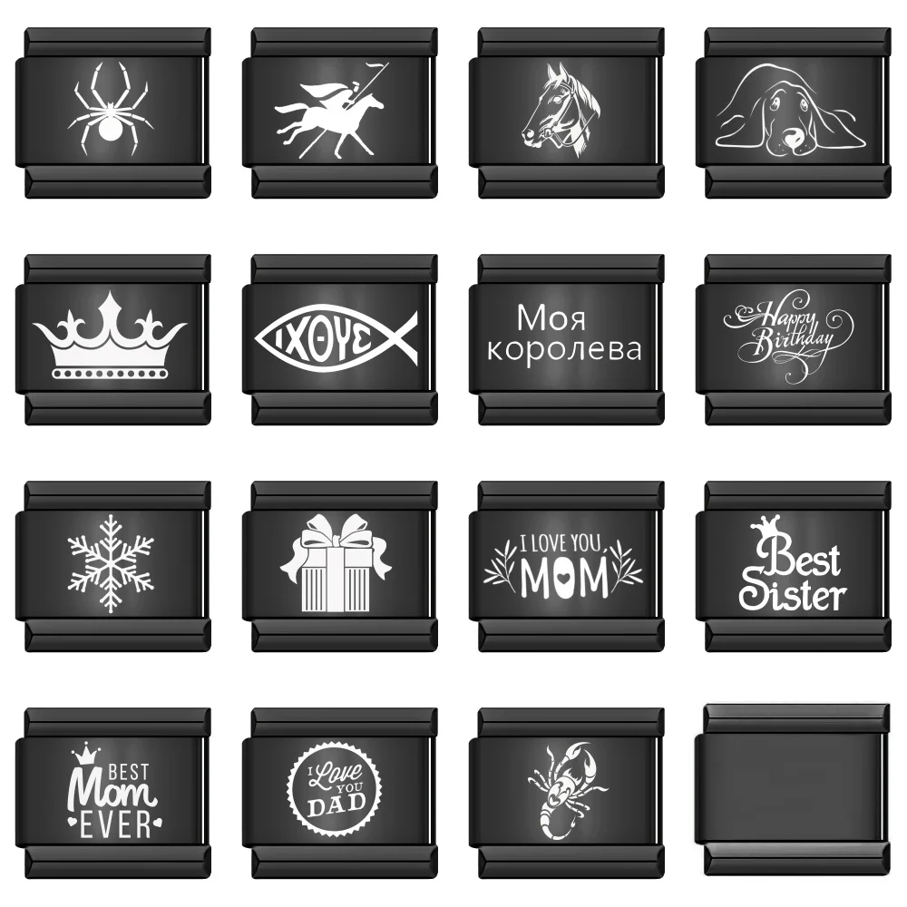 Laser Engrave Italian Links Charm Black Crown Animal Love Mom Dad  Fit 9mm Stainless Steel Bracelet Jewelry Making