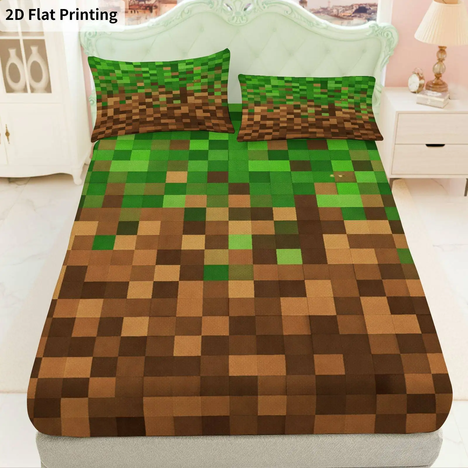 Three-piece fitted sheet set, digital print fitted sheet set, pixel-style bedding, game-themed (includes 1 fitted sheet + 2 pillowcases), 3-piece set, large-capacity deep pocket 2D printed fitted sheet and 2 pillowcases, mattress protector, fitted elastic style, protective cover, mattress protector, suitable for all seasons, machine washable design, holiday decoration, various sizes, breathable protective cover with pillowcases