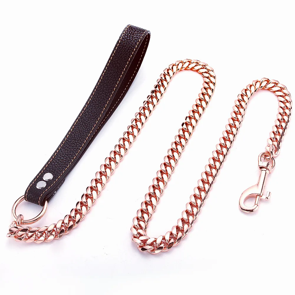 3ft/4ft/5ft 10mm 14mm Rose Gold Tone 316L Stainless Steel Curb Cuban Link Chain Dog Leash Pet Chain for Dogs