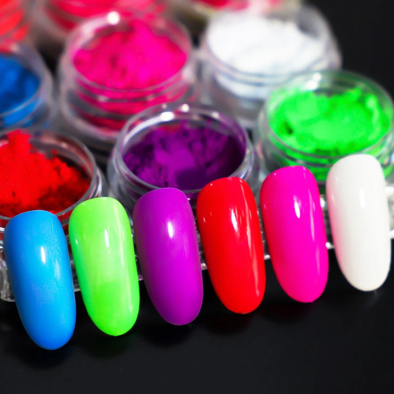 Neon Phosphor Pigment Powder Fluorescent Nail Glitter Set Shinny Ombre Chrome Dust DIY Gel Polish Manicure Nails Art Decoration image 5