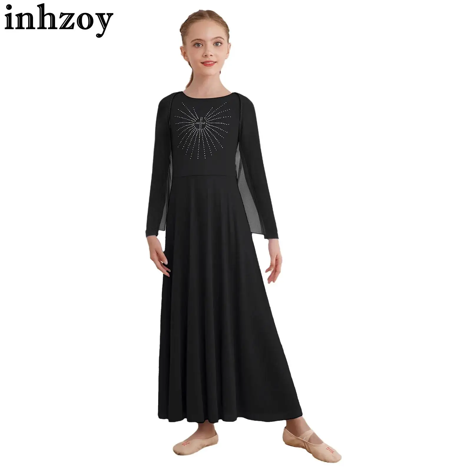 

Kids Girls Praise Worship Liturgical Lyrical Dance Costume Long Sleeve Rhinestone Dress with Shawl Church Choir Gown Dancewear