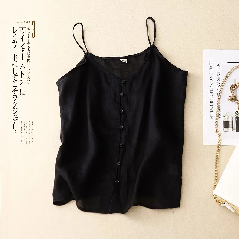 2023 Summer Arts Style Women Sexy Spaghetti Strap Tank Top Single-breasted Design Cotton Linen Loose O-neck Sleeveless Tops P71