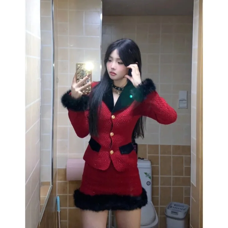 Set da due pezzi da donna caldo autunnale Moda coreana Design vintage francese Set giacca e gonna rossa Eventi casual Abbigliamento femminile