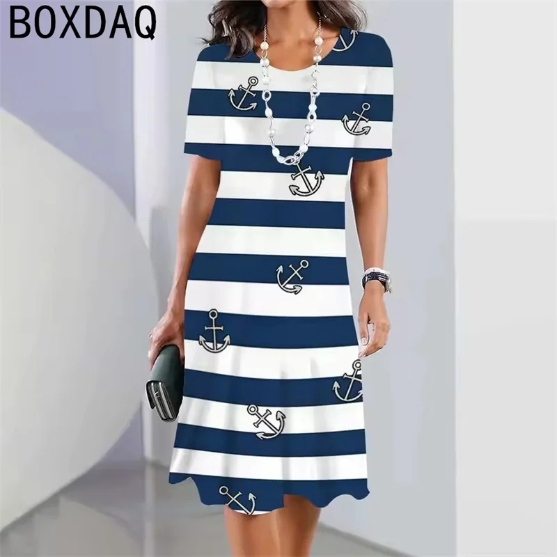 3D Anchor Print Summer Elegant Dress Women's Short Sleeve O-Neck A-Line Dress Oversize Blue-White Gradient Stripe Printing Dress