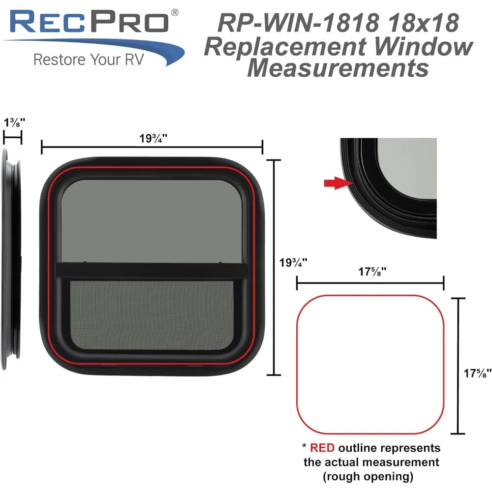 استبدال نافذة RV ذات الشريحة العمودية على شكل دمعة، 18 وات × 18 ساعة، صنع في الولايات المتحدة الأمريكية، اختياري 1.5 حواف #4