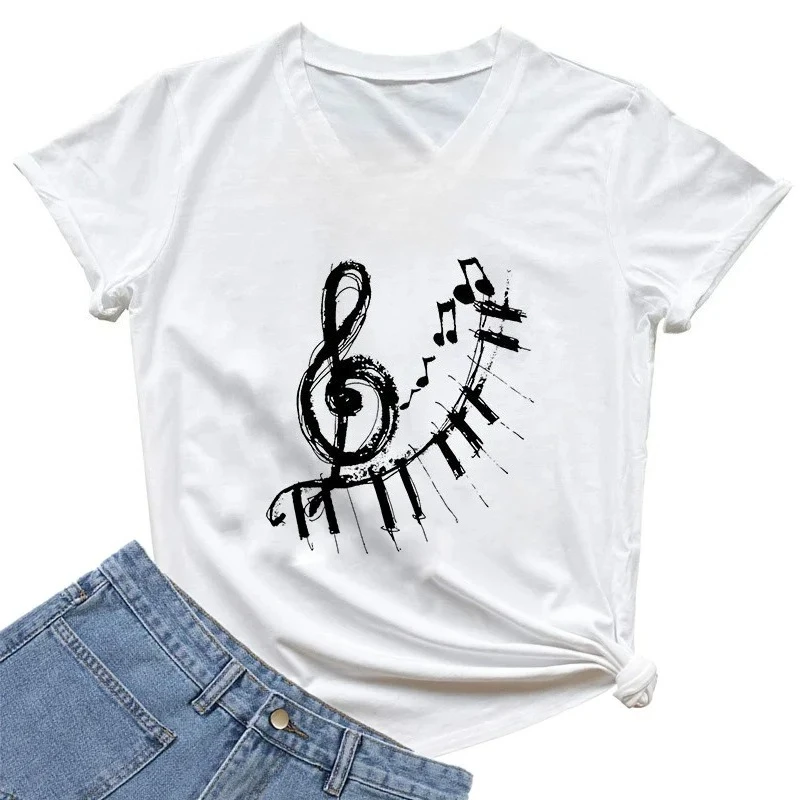 Women's Piano Key Print Tshirt Musical Note Print Clothing Harajuku Style for Music Lovers Y2K Summer Streetwear Graphic Tshirts