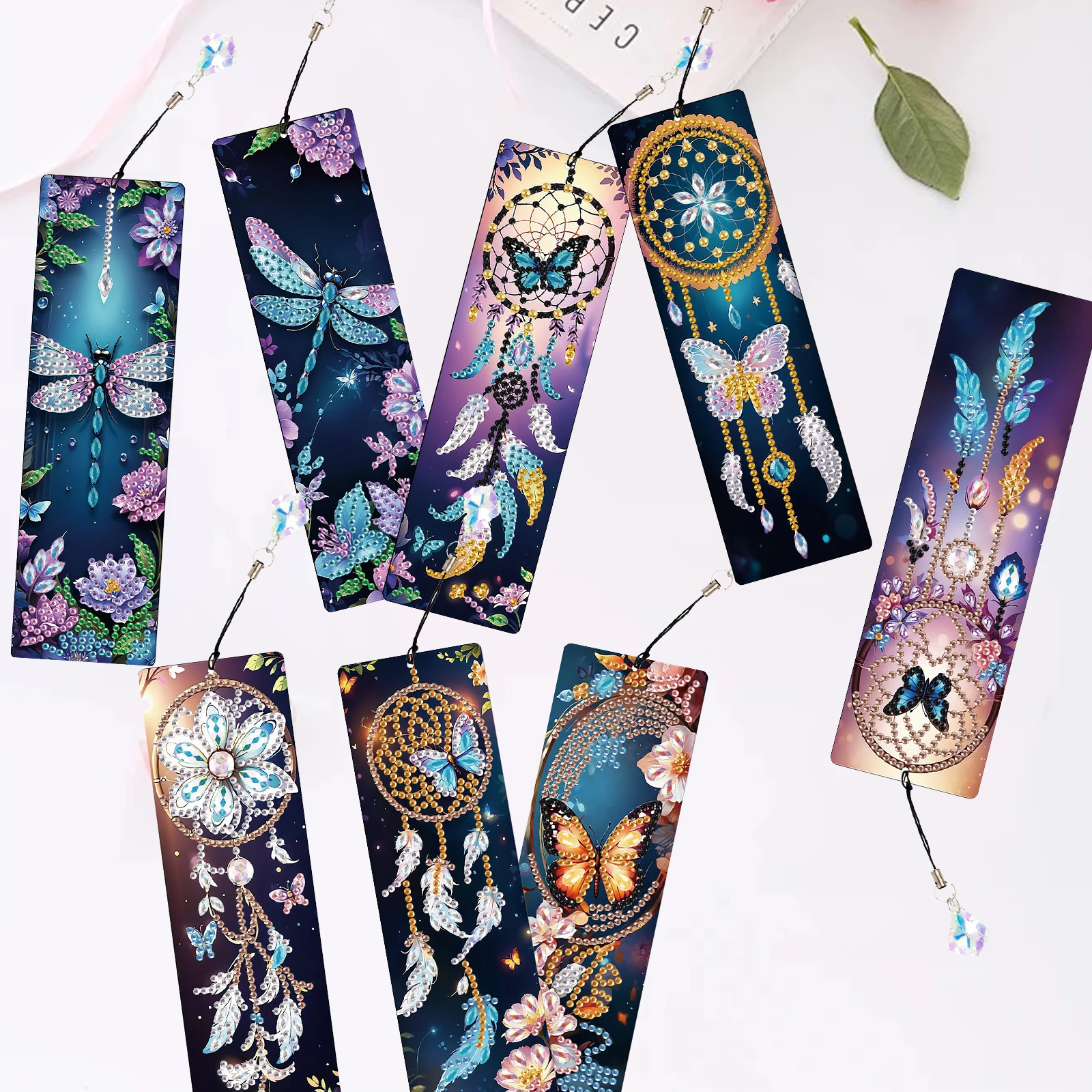 

8PCS Diamond Art Painting Bookmarks kits,butterfly net Diamond Art Pendant Supplies Shining Bookmarks Handmade Office Art Gifts