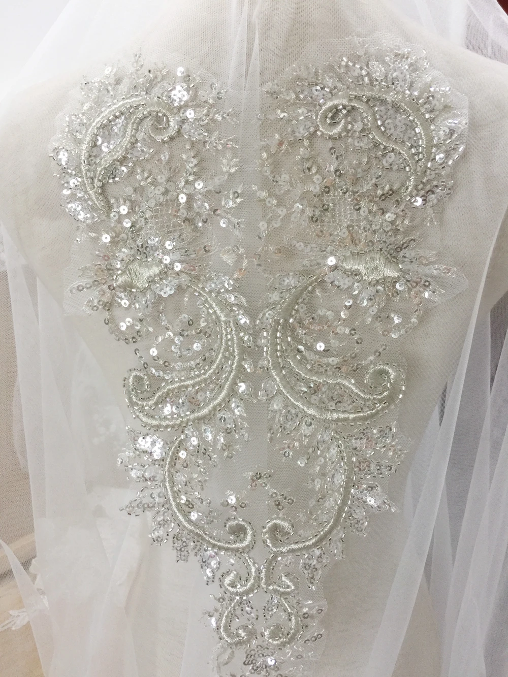 Exquisite silver thread three-dimensional beaded sequins lace appliqués High-definition wedding dress veil DIY accessories