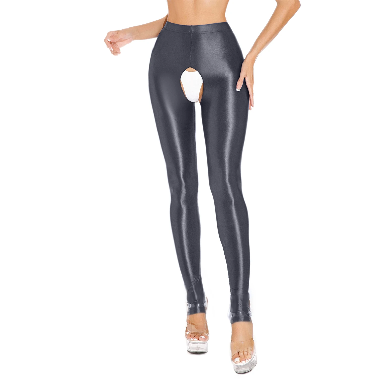 

Women High Rise No Crotch Stirrup Leggings Glossy Smooth Free Crotch Pants Stretchy Yoga Exercise Pantyhose Underpants
