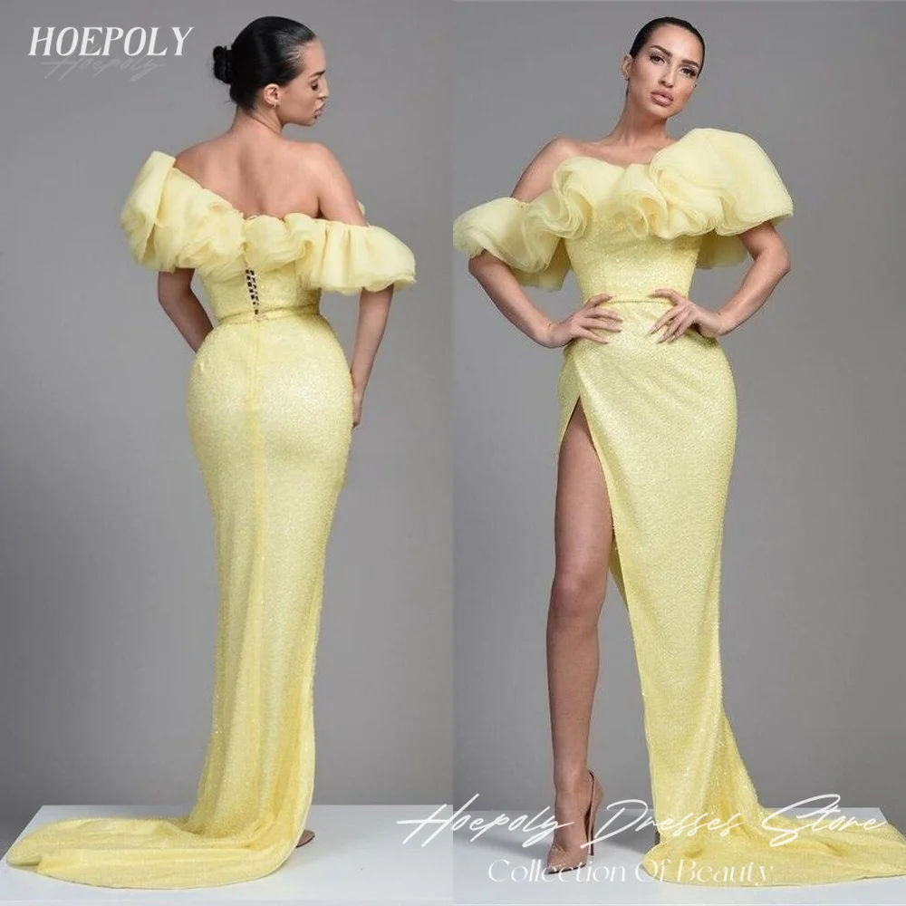 Hoepoly Off The Shoulder Avondjurken Trompet Usa Euro Formele Prom Jurken High Split Celebrity Avondjurk Feest Sexy Vrouwen