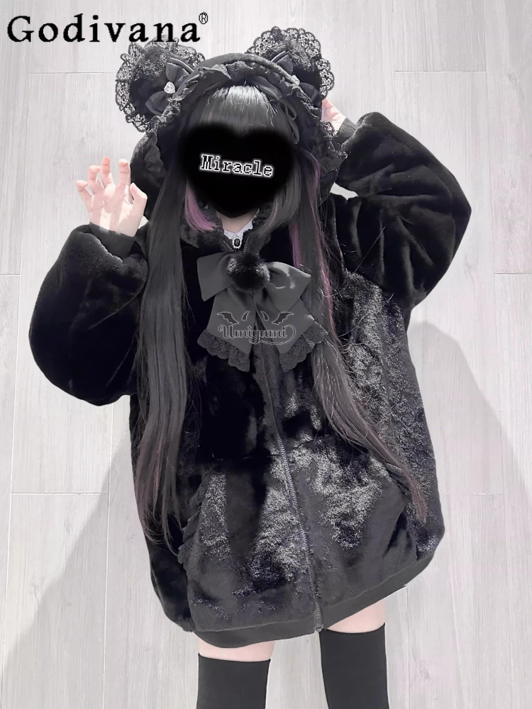 

Черная женская куртка из искусственного меха в японском стиле, зимняя милая крутая модная плюшевая куртка в стиле панк, эстетичная толстовка с капюшоном