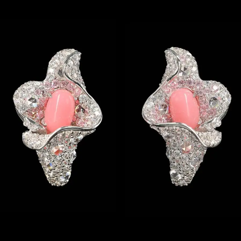

KQDANCE Luxury 925 Silver Natural Conch Pearl Pink Gemstone Full Diamond Stud Earrings Elegant Jewelry Gift