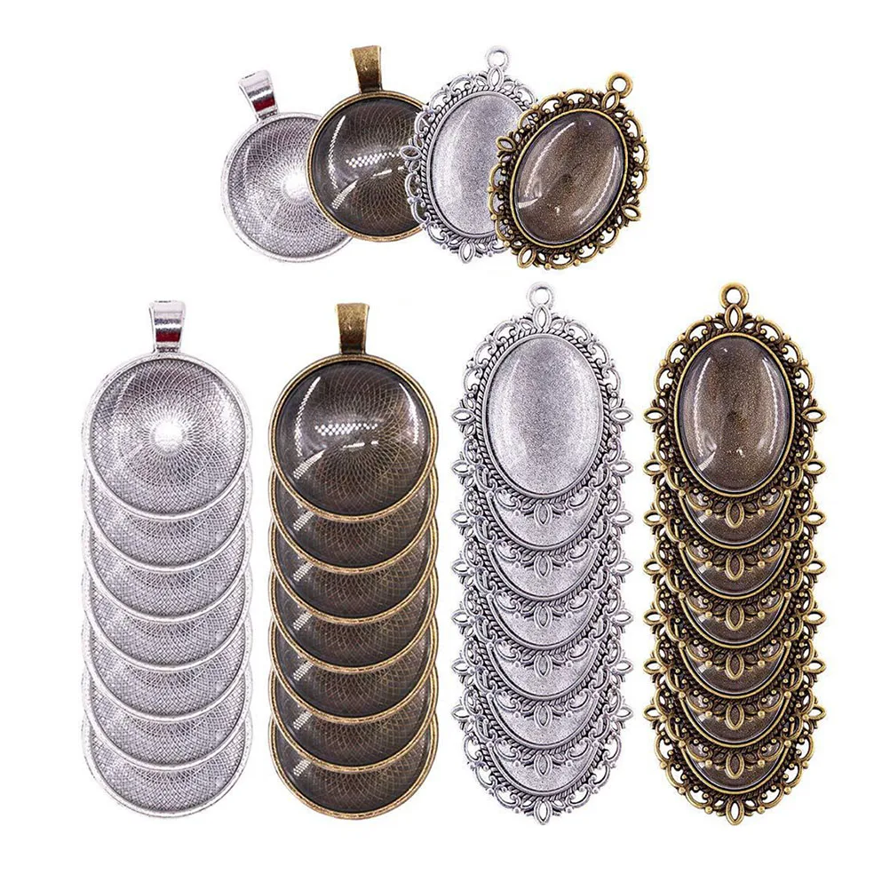

64 Pcs Necklace Pendant Accessories Vintage DIY Craft Lace Oval Green Silver 8 Round Green 8 Silver 32 Glasses Pieces Jewelry