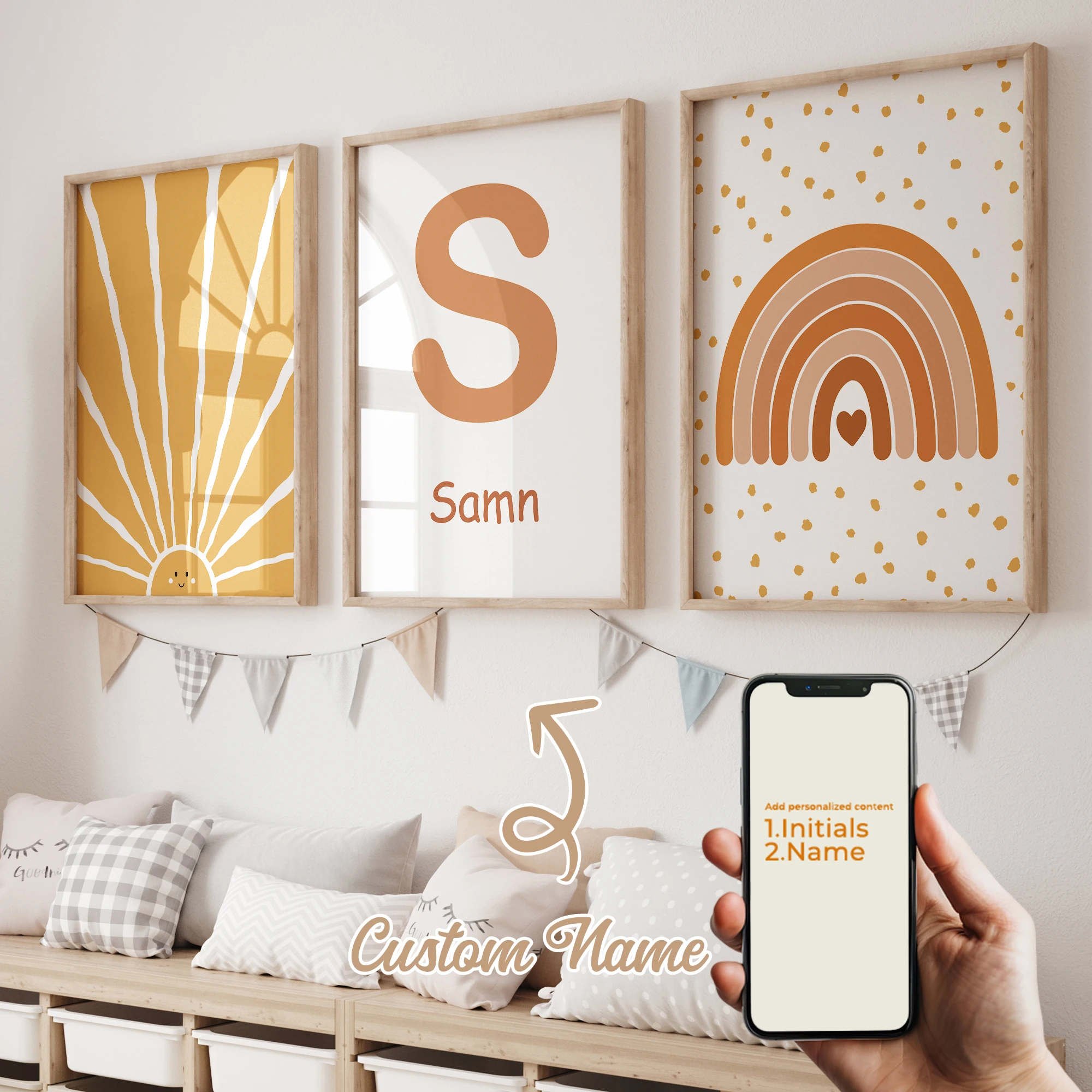 3 قطعة اسم مخصص شخصية الكرتون الشمس قوس قزح جدار الفن طباعة صورة قماش المشارك اللوحة لغرفة المعيشة الطفل ديكور المنزل #2