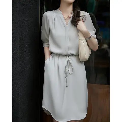 Fimtairah 100% sidenklänning i mullbärssilke i två färger 2024 sommarny damklänning Hangzhou medellång sidenkjol 10 best sales 100 sidenklänningar - №7