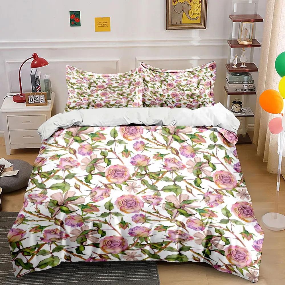 

Floral watercolor design pink and green Pattern Duvet Cover Set Digital Print Colorful Polyester Bedding with Zipper Closur