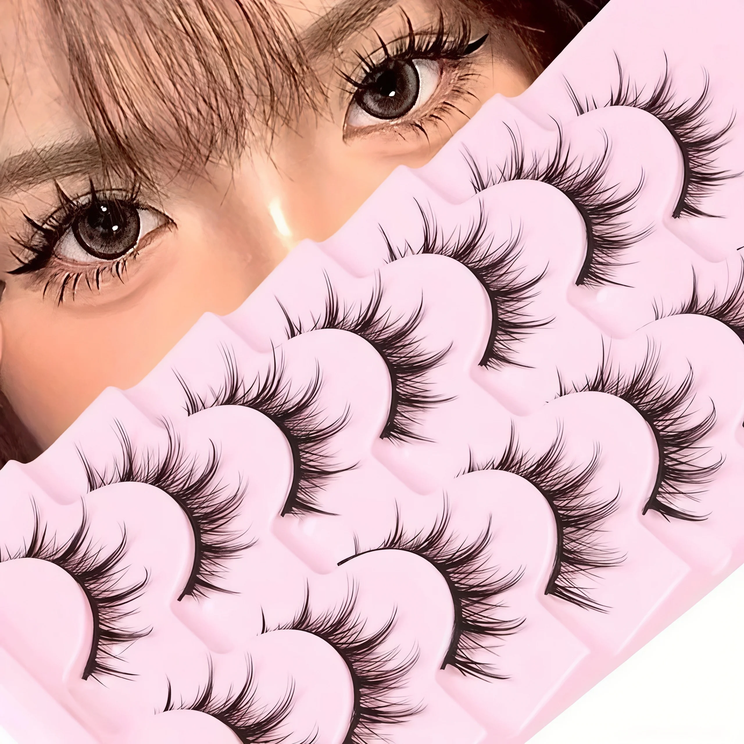7 Paar Manga-Wimpern, natürlicher Look, 3D-Volumen, flauschige, spitze Anime-Cosplay-Wimpern-Set