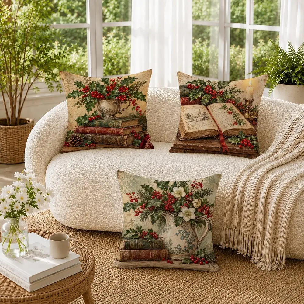 Retro Book And Flowers Cushion Cover Soft Short Plush Pillow Cases Hidden Zipper Cutecore Sofa Bedroom Home Decor Gift