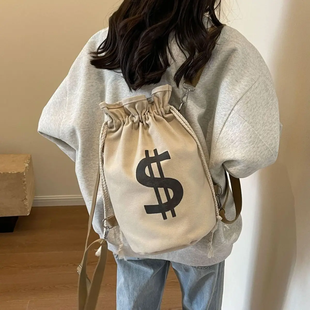 Canvas Bucket Bag Canvas Bucket Bag Drawstring Crossbody Backpack Dollar Sign Print Large Capacity Multi Wear Canvas Bag For Dai