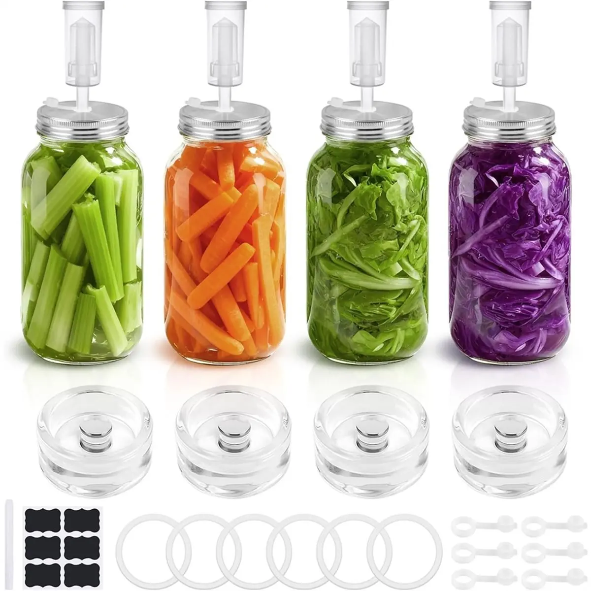 【STABLE QUALITY】Fermentation Kit for Wide Mouth Jars,4 Glass Weights,4 Stainless Steel Fermentation Lids with Airlocks,Without J