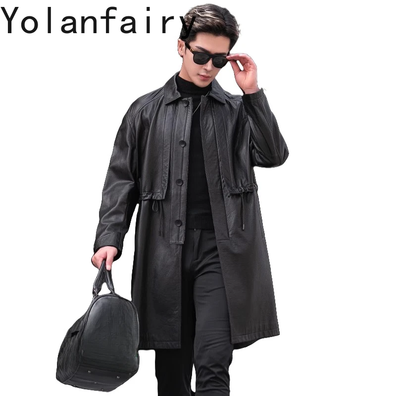 

YOLANFAIRY Одежда высшего качества, первый слой, кожаная куртка из воловьей кожи, мужской роскошный плащ из натуральной кожи, длинная ветровка с лацканами 가죽자켓