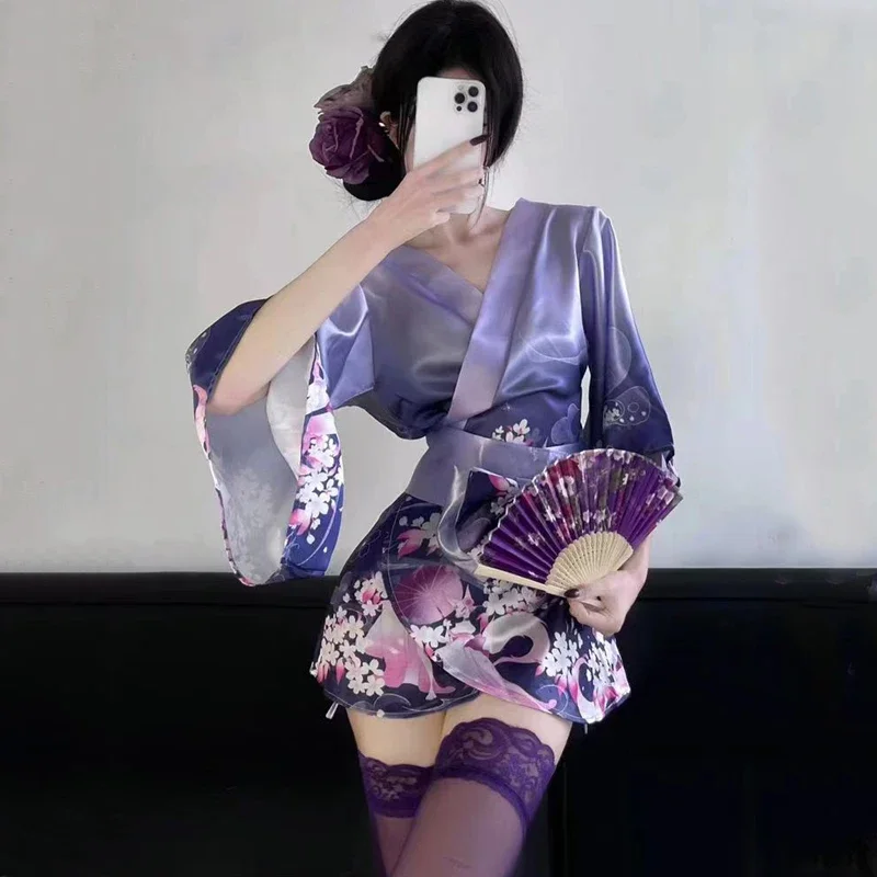 

Super Sexy Purple Japanese Kimono Pajamas Bathrobe Yukata Cardigan Lingerie Temptation Anime Cosplay Halloween Costumes Women