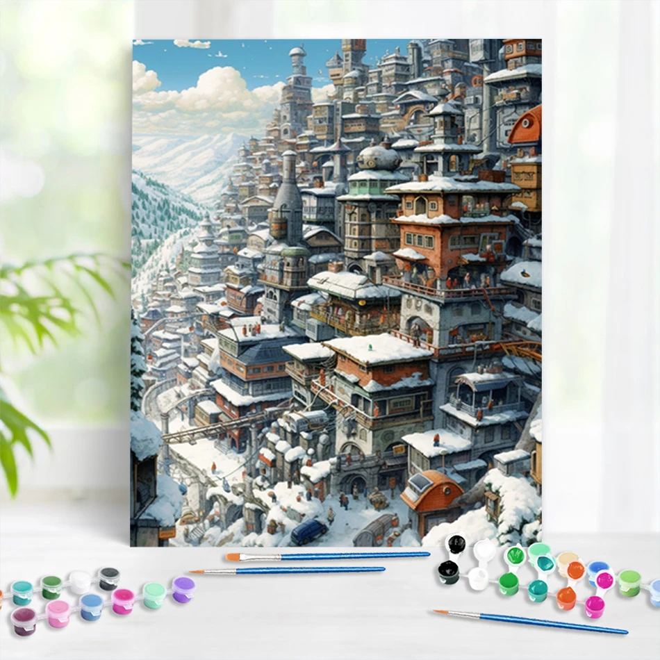 

RUOPOTY DIY Paint By Numbers Kit Winter Snow Scenery Painting House Handmade Gift Oil Picture Drawing Coloring Decor For Home