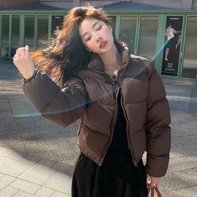 Chaqueta acolchada de algodón y pan de invierno para mujer, chaqueta acolchada minimalista con cremallera y cuello levantado Retro, versión coreana gruesa para niña