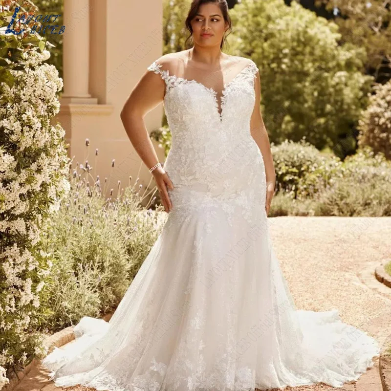 LAYOUT NICEB Plus Size Mermaid Wedding Dresses O-Neck Appliques Lace Cap Sleeves Vestido Noiva Boho Low Back Bridal Gown Elegant