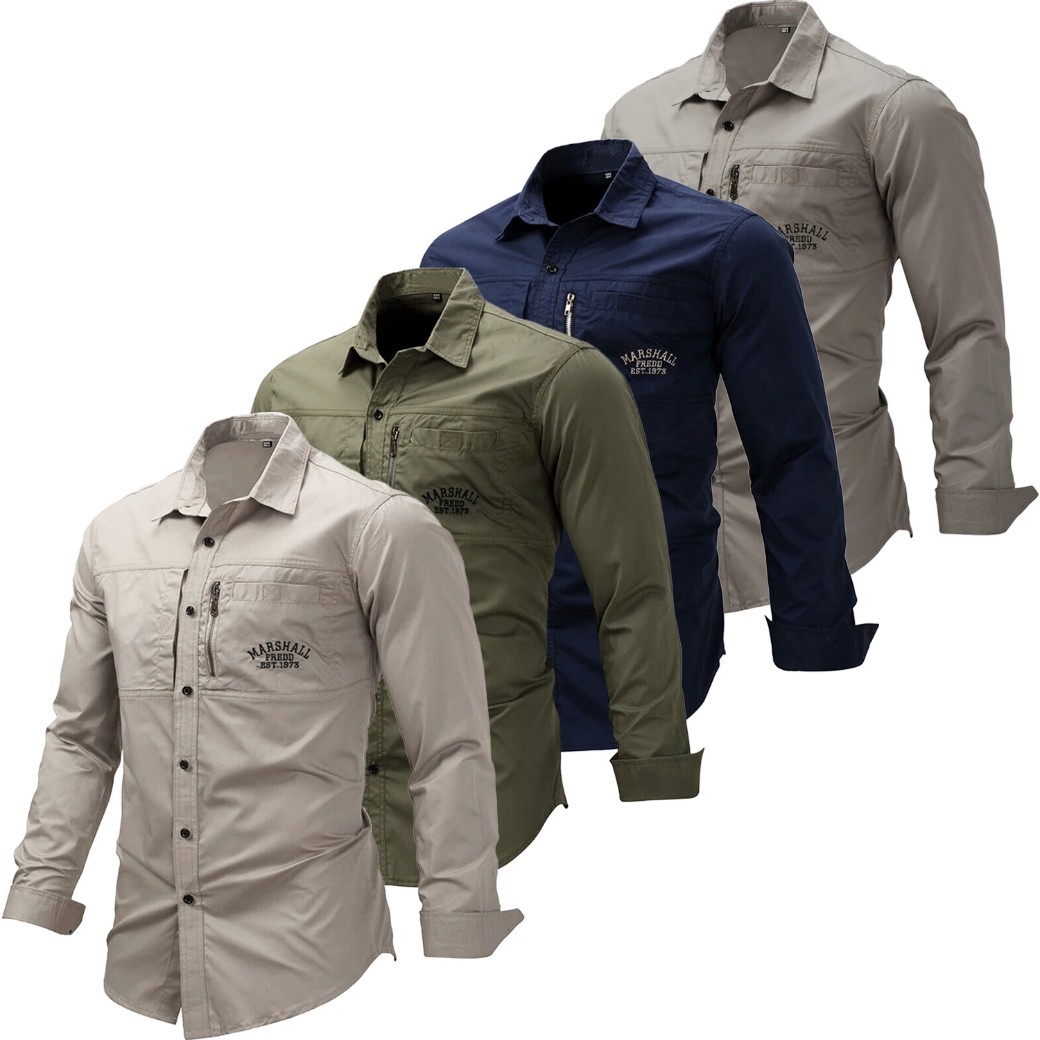 2023 New Fashion Men\'s 100% Cotton Multi-Pocket Safari Shirt Long Sleeve Casual Solid Color Button Down Shirts with Embroidery