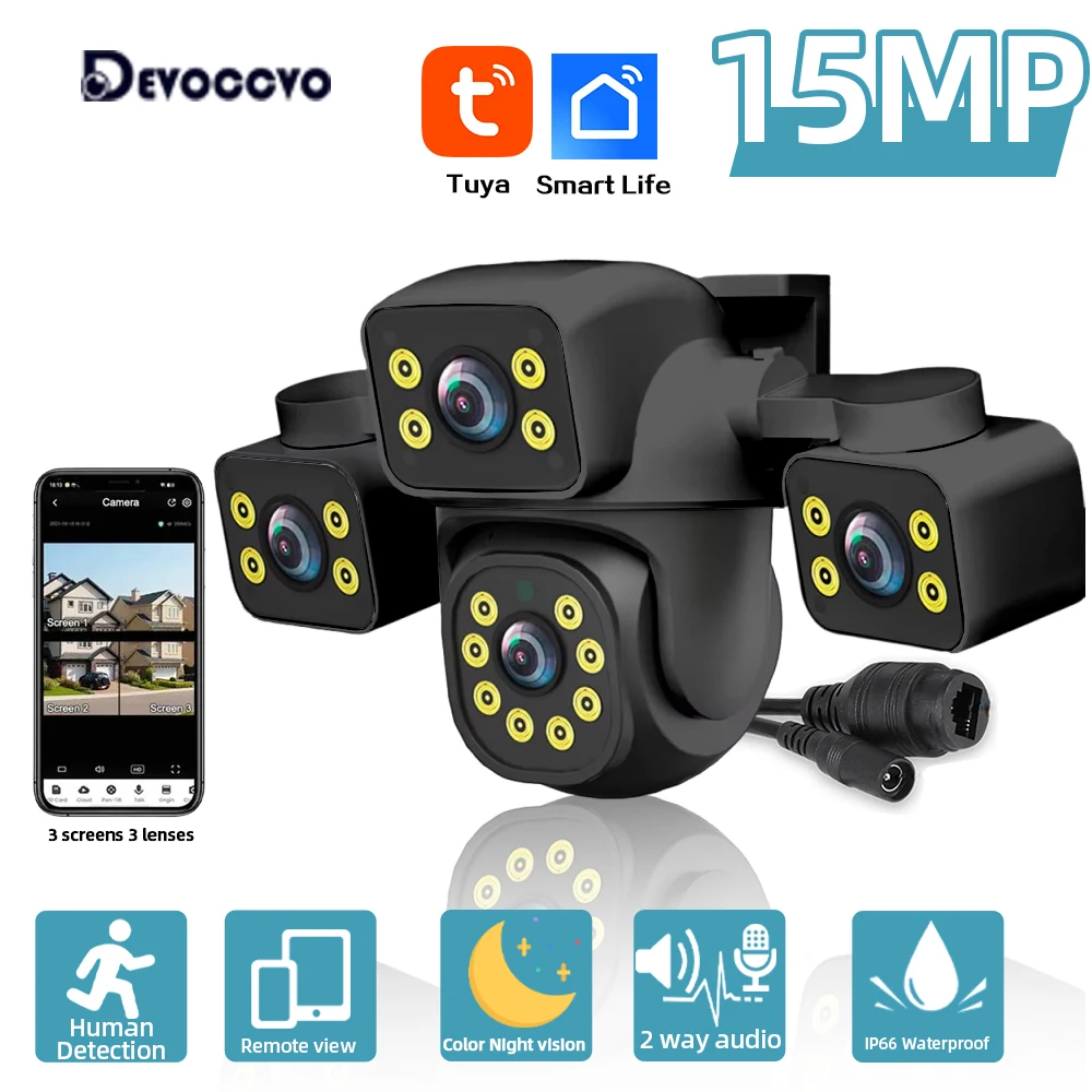 15MP 4K HD Three Lens WiFi IP Camera Tuya Smart Life PTZ Wireless Home Security CCTV Video Surveillance Camera Human Detection