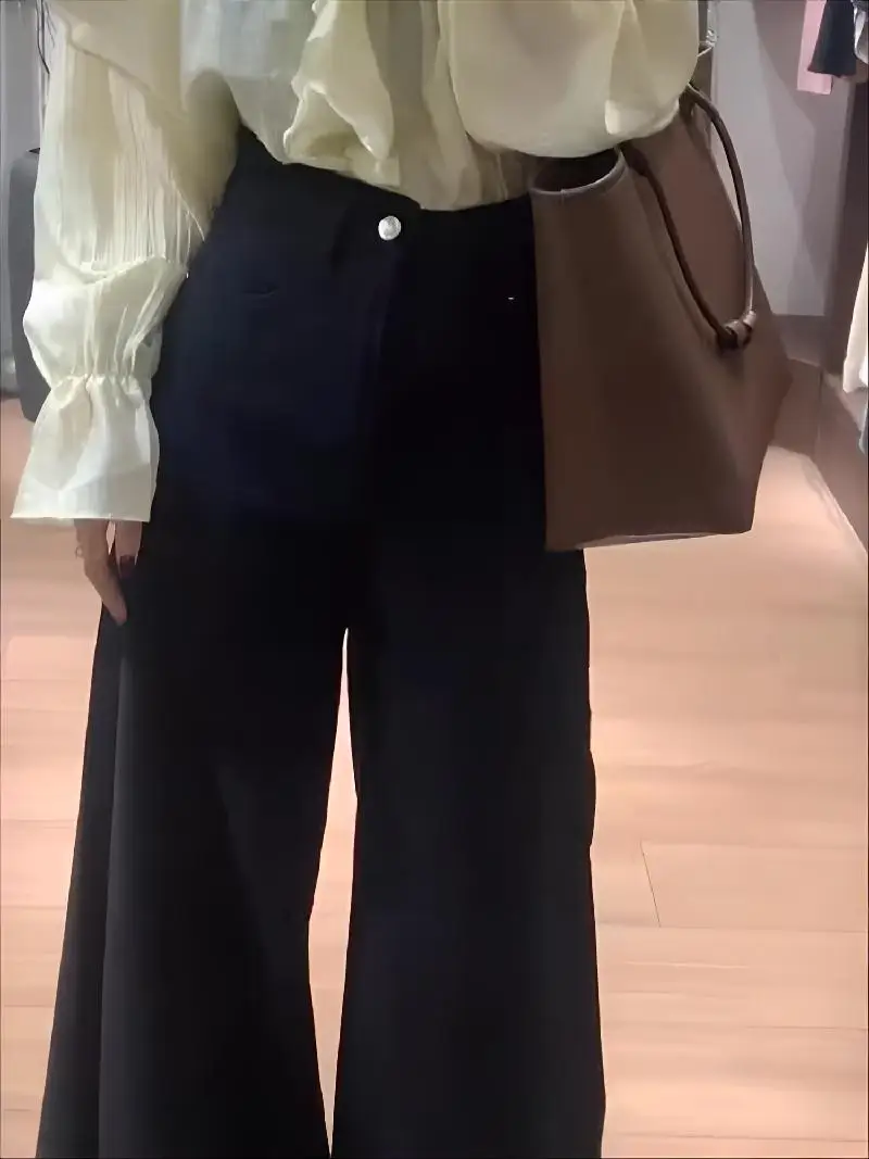 Wide Leg Pants Young Girl Elegant Womens Spring Elastic Layered Minimalist Urban Leisure Waistband Pleats Modal Sashes Trousers