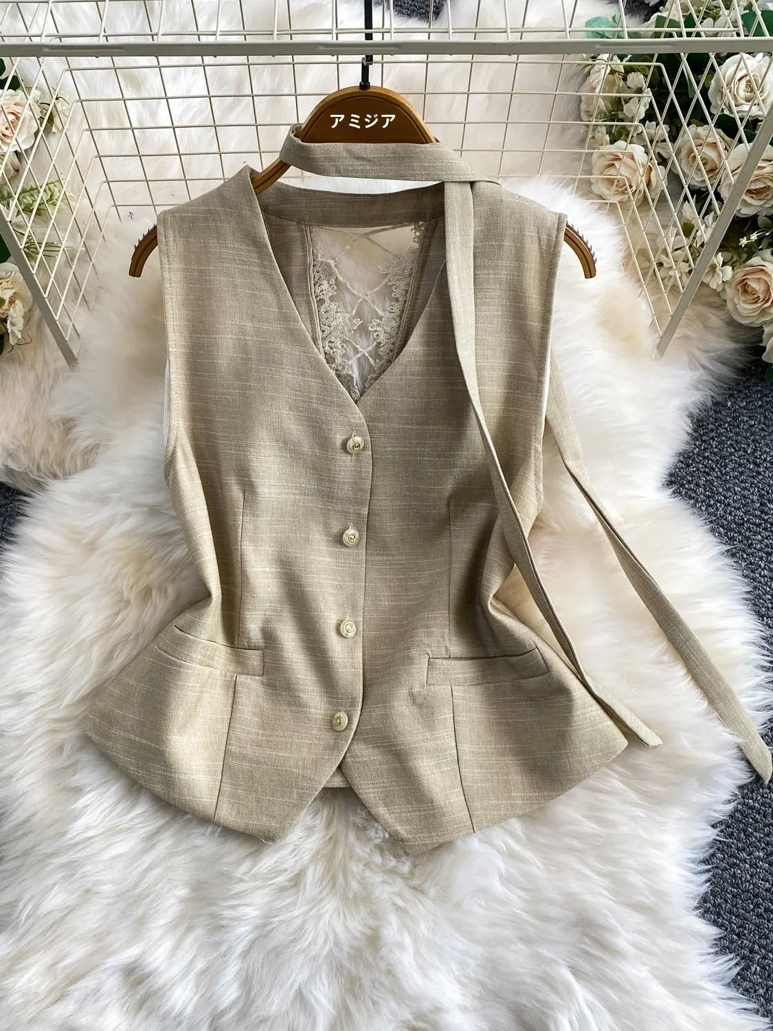 Elegant Lace Patchwork Sleeveless Vest Outerwear Women's New Style Draped Belt High-End Feeling Commute Style Loose Fit