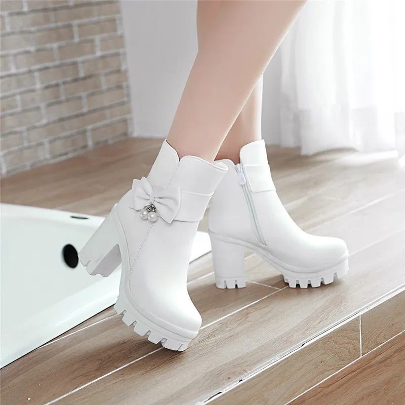 Autumn Winter Women Chunky High Heel Shoes Platform Ankle Boots Women Black White Zipper Woman Booties Office Lady Shoes 32-43