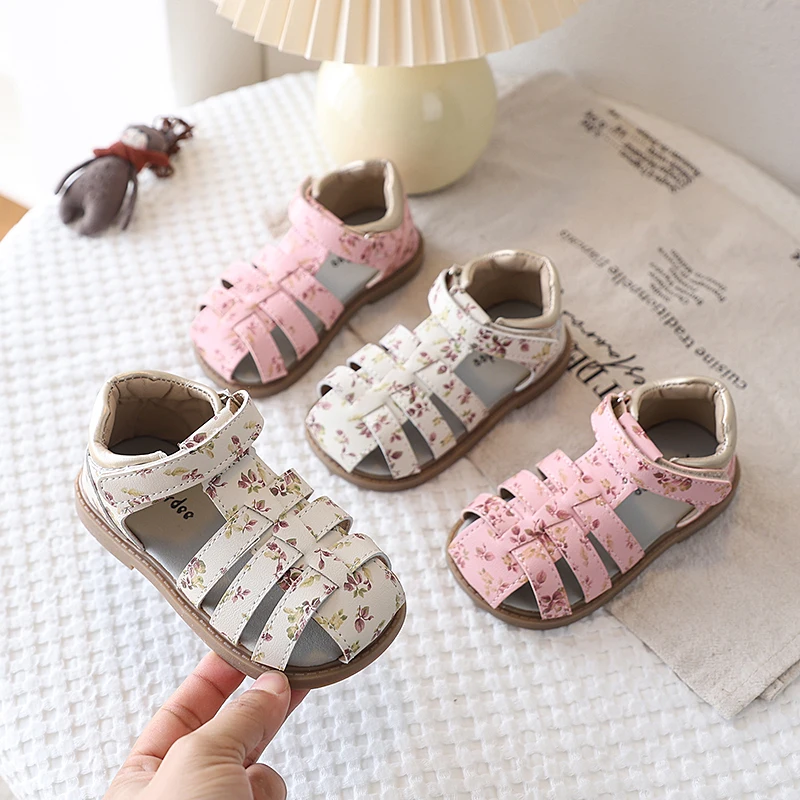 Children's Sandals for Toddlers Girls Flowers Prints Ankle Wrap Anti-kick Sweet Classic Kids Gladiator Beach Shoes Fashion 21-30