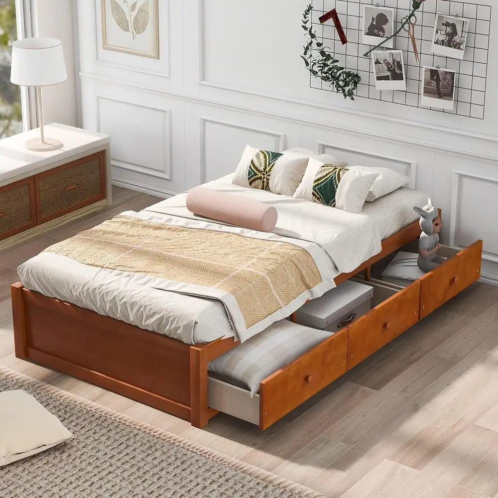 

Twin Size Oak Platform Storage Bed with 3 Drawers, No Box Spring Required