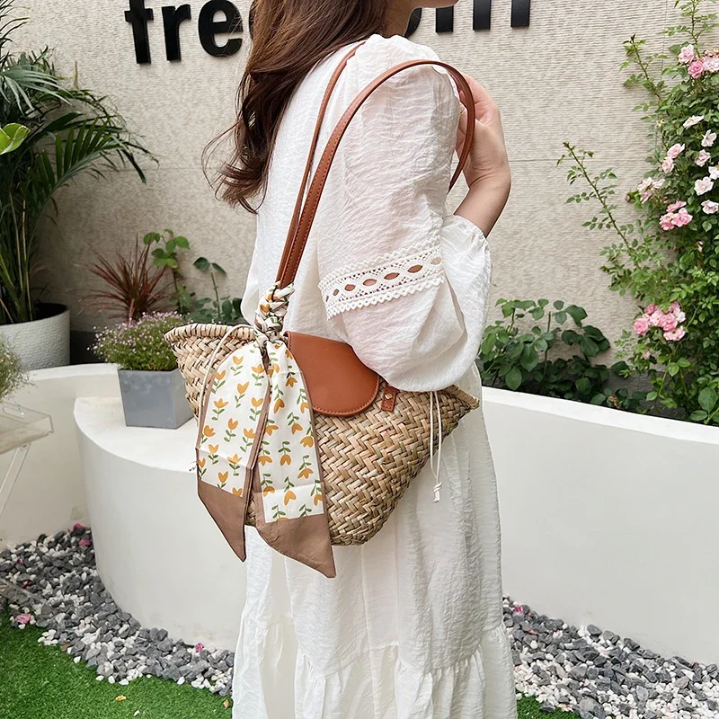 Bolso de hombro de paja de cuero tejido a mano de diseño de marca para mujer, bolso de mano pequeño para verano, Bali, viaje, vacaciones, Playa