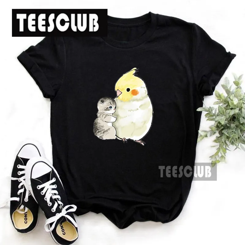 Women's Cotton 100% European-Style Cartoon Parrot Cat Print T-shirt Short Sleeve Harajuku Graphic Top Summer