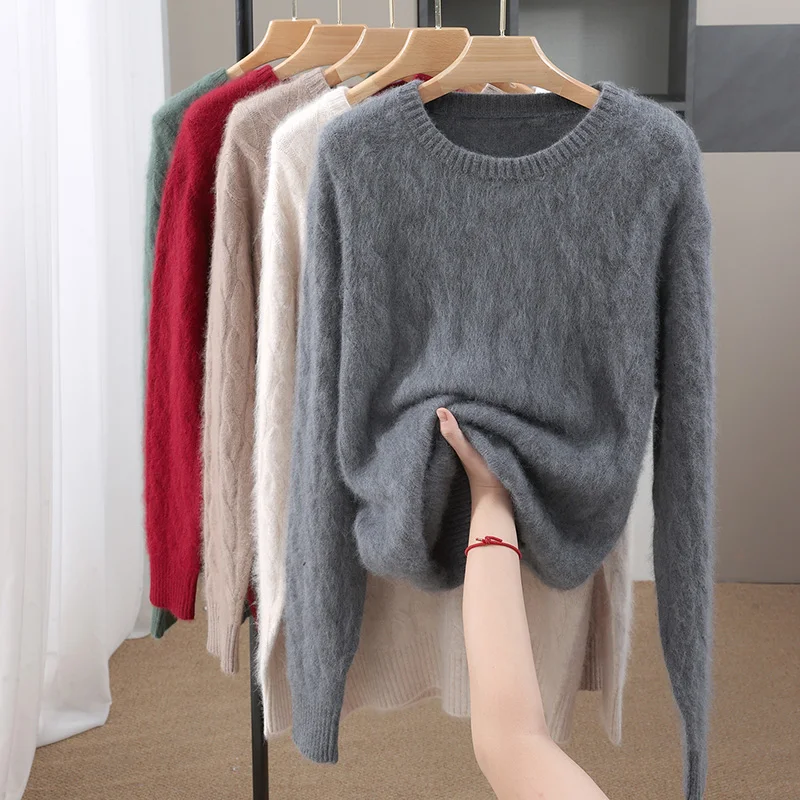 

Толстый повседневный вязаный свитер больших размеров с круглым вырезом и витым цветком, пуловер из 100% норки и кашемира, осенне-зимняя теплая мужская одежда