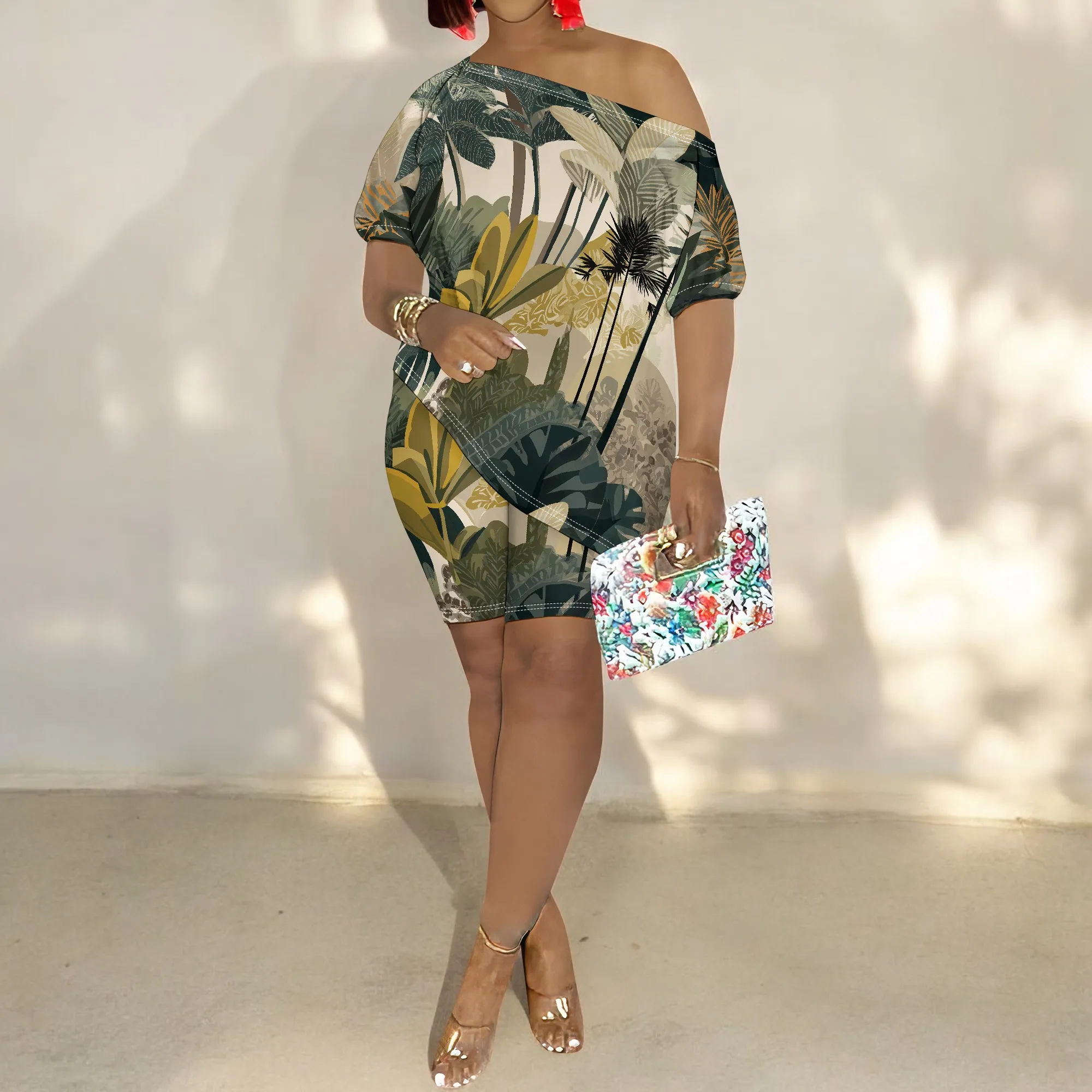 Tropical Leaf Print Off Shoulder Dress, Green Floral Mini Dress, Summer Beach Party Wear, S-2XL