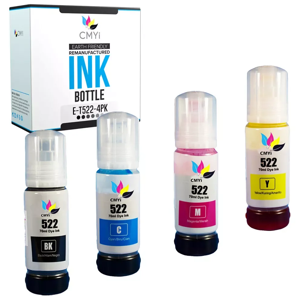 4PK T522 Replacement Ink Bottles for Epson Black Color 522 Fits EcoTank ET-2800