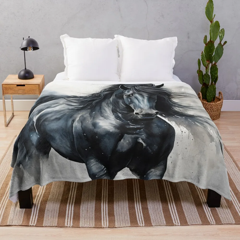 

Graceful Power: Friesian Horse in White Throw Blanket Tourist Polar Blankets